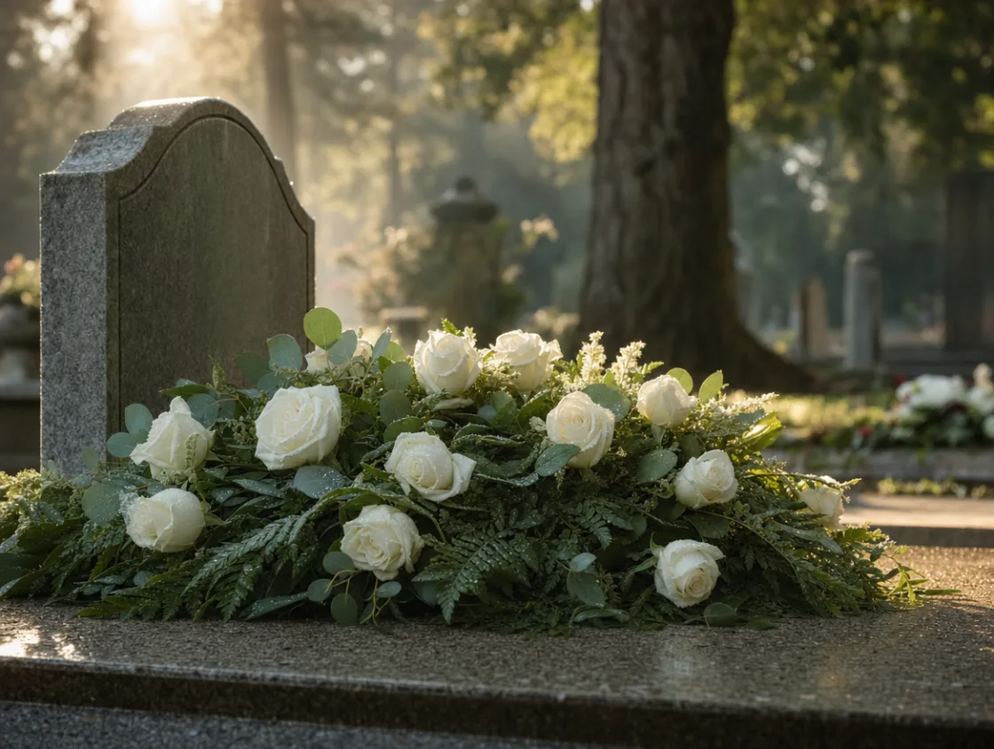 Gepflegtes Grab mit weißen Rosen im warmen Morgenlicht